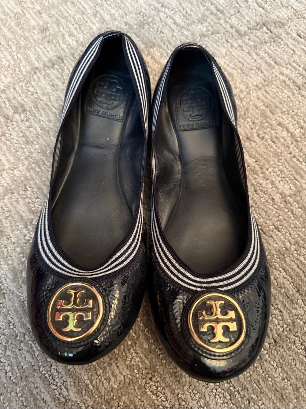 Tory Burch Black Patent Leather Logo Ballet Flats with Gold Emblem